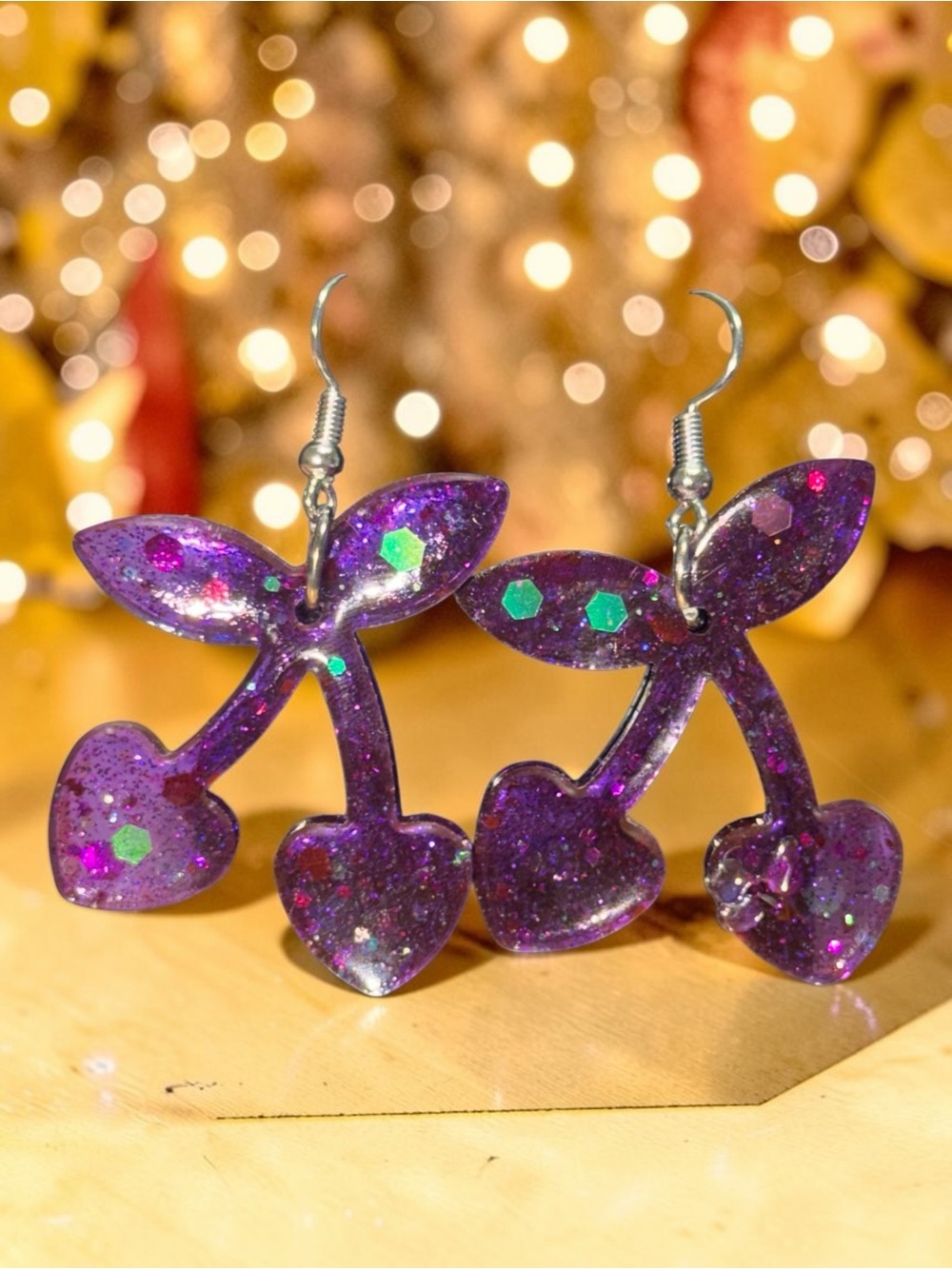 Handmade Purple Glitter Cherry Resin Dangle Earrings
